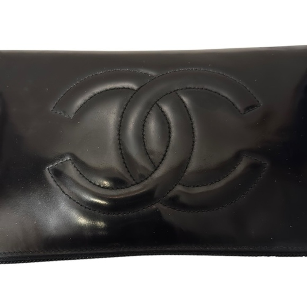 Authentic CHANEL Vintage Calf Skin Long Wallet Purse Black CC Logo Box 0674L